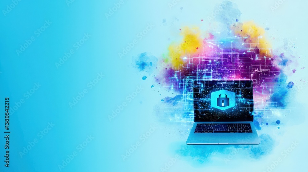 Poster a laptop with a blue screen and a lock icon on it. the background is a colorful abstract design