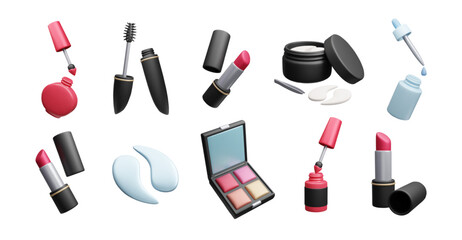 Bundle of different makeup beauty cosmetic product 3D icon set. Realistic render 3D style red lipstick, black mascara, nail polish bottle, facial dropper pipette serum, eye patches, makeup palette.