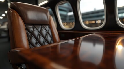 Luxurious aircraft interior features rich leather seating and po