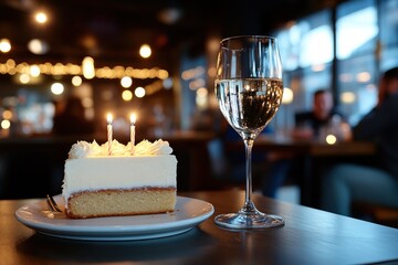 A delightful dessert cake adorned with candles and a sparkling wine glass captures the romantic essence of an intimate cafe setting, perfect for celebrations.