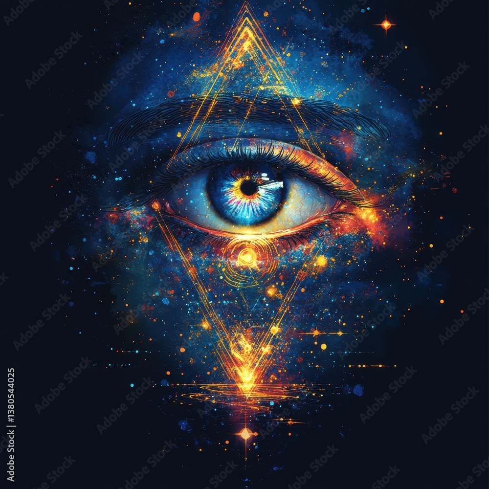Wall mural mysterious cosmic eye gazing into the universe, blending colors and patterns in a surreal backdrop