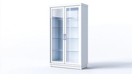 A stylish display cabinet features sleek glass doors and multiple shelves, perfect for showcasing collectibles. It's set in a bright showroom with contemporary decor