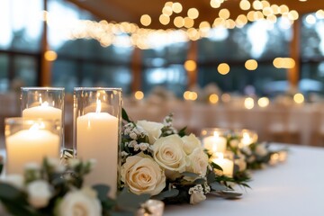 Obraz premium An exquisite table display featuring candles and soft floral arrangements surrounded by twinkling lights, creating a romantic and dreamy ambiance.