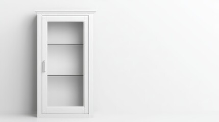 Obraz premium A white display cabinet stands alone in a minimalist room with a plain wall. The cabinet has glass doors and two shelves, perfect for showcasing items elegantly