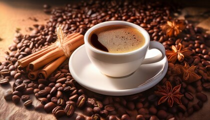 Fototapeta premium aromatic coffee in white cup surrounded by coffee beans and cinnamon sticks creates warm inviting atmosphere