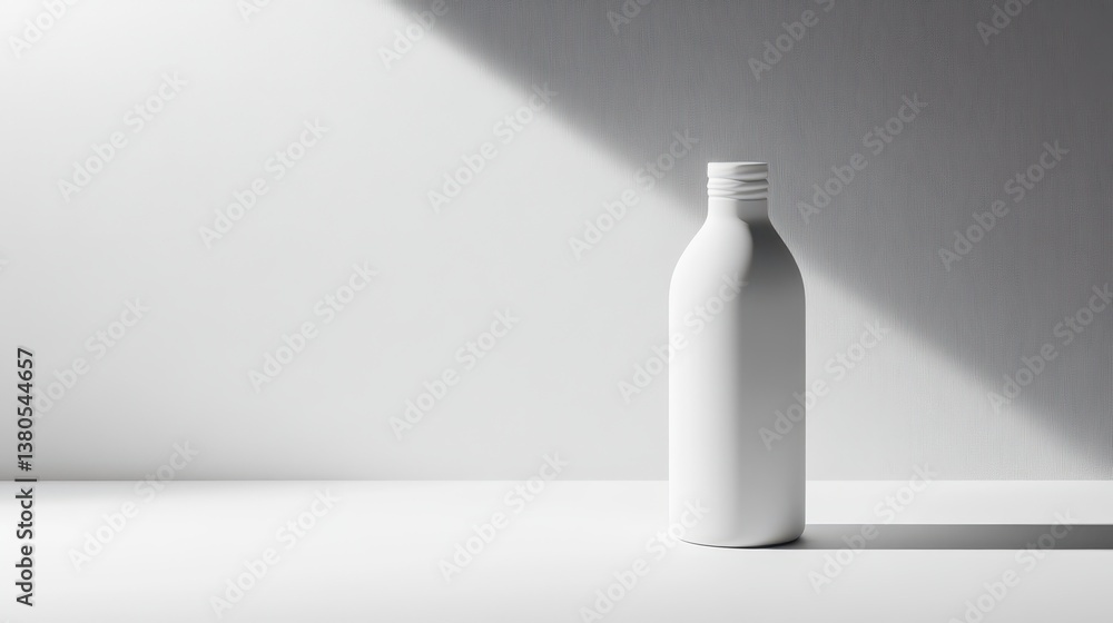 Poster a sleek white bottle stands alone on a white surface. soft shadows and light create a minimalist atm