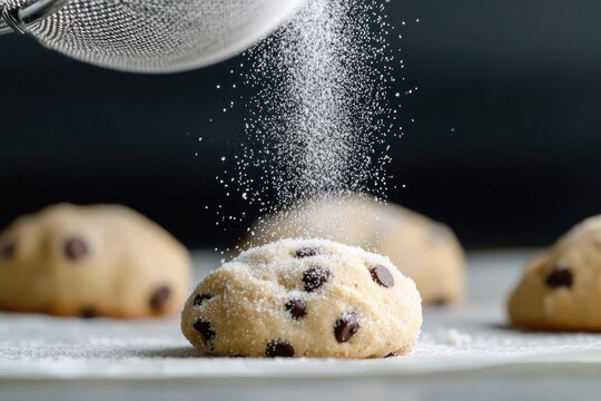 Sweet chocolate chip cookie dough being dusted with powdered sug