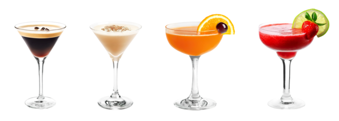 Set bundle of vibrant colorful refreshing cocktails PNG transparent background, isolated graphic resource. Espresso Martini, Brandy Alexander, Ward 8 eight, strawberry Daiquiri cocktail with garnish