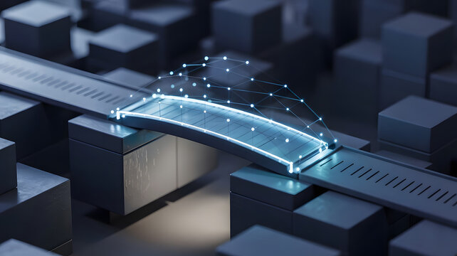 Change Management: A digital bridge being constructed over a gap, symbolizing the transition and adaptation in organizational change management.	

