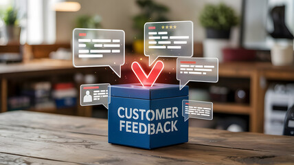 Customer Feedback: A digital suggestion box with floating comments and reviews, symbolizing the importance of customer feedback in business.	