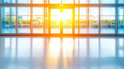 Sunrise through glass doors modern office interior bright environment inspirational viewpoint