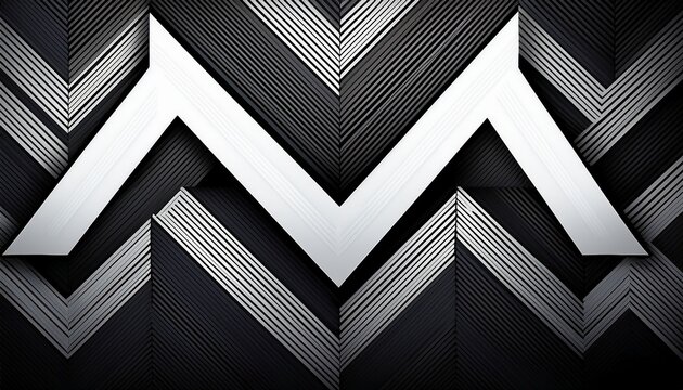 a black and white chevron patterned background with a white letter m in the middle the chevron pattern is bold and striking while the white letter m adds a sense of elegance