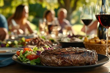Grilled Steak, Juicy and Delicious Summer BBQ Feast with Friends Outdoors, Enjoying Fine Food and Wine.