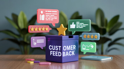 Customer Feedback: A digital suggestion box with floating comments and reviews, symbolizing the importance of customer feedback in business.	