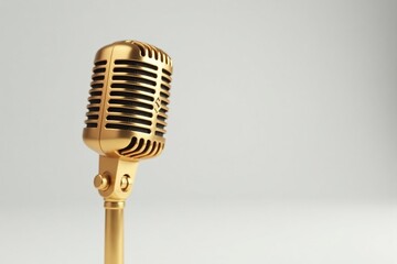Close-up shot of a gold microphone on white background, music, isolated, equipment