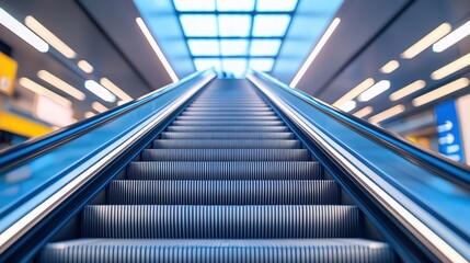 A modern escalator illuminated by soft lighting, leading upwards, with a blurred background creating a sense of depth and movement.