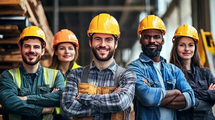Team of construction workers poses confidently at job site with tools and safety gear