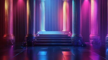 A vibrant illuminated stage with colorful lights.