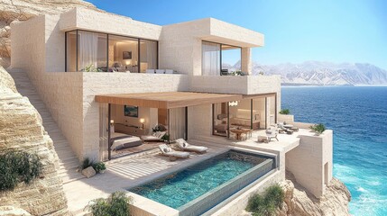 Fototapeta premium Luxury Cliffside Villa with Infinity Pool and Breathtaking Ocean Views