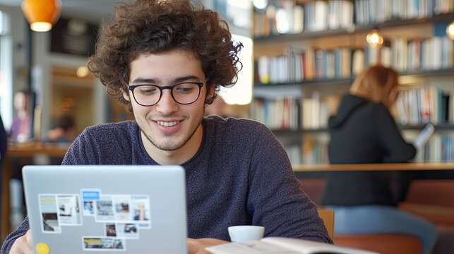 Young adult studying with laptop in urban  digital art creation in cozy environment creative perspective - Powered by Adobe