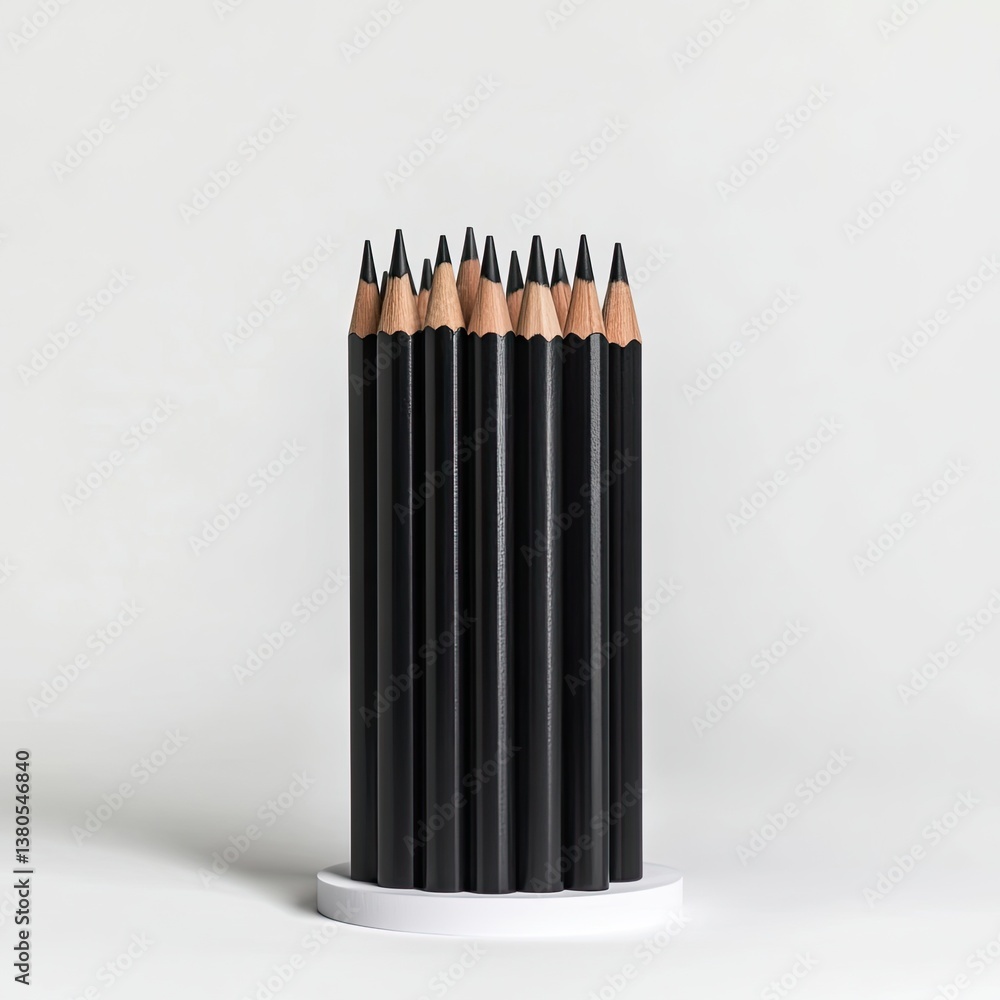 Poster artistic display of black pen pencils on a white base hyperrealistic image studio environment top vi