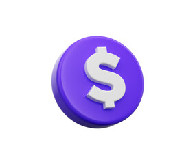 3d Purple circular button with a white dollar symbol in the center. 3D Illustration.