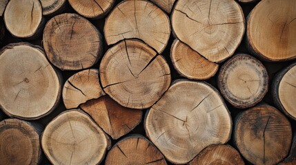 Fototapeta premium Stacked cut logs showcase a variety of tree rings and textures, creating a natural aesthetic. The rich tones of the wood highlight the craftsmanship of woodcutting and storage
