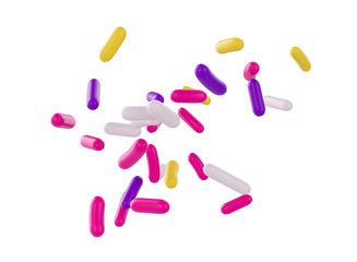 Bright and colorful candy sprinkles scattered and floating in mid-air, 3d illustration