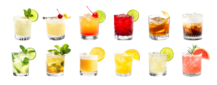 Set bundle of vibrant colorful refreshing cocktails in old fashioned rocks glass PNG transparent background isolated. Popular, cold exotic summer cocktail with garnish