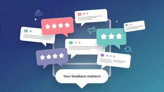 Customer Feedback: A digital suggestion box with floating comments and reviews, symbolizing the importance of customer feedback in business.	