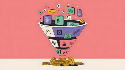 A giant funnel with various digital icons and data streams entering from the top and converting into golden coins at the bottom, representing the marketing conversion process.	
