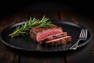 sliced steak on a cutting board with a knife and fork
