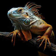 Fototapeta premium iguana on a branch on black background