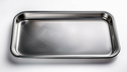 shiny stainless steel rectangular tray on a white background