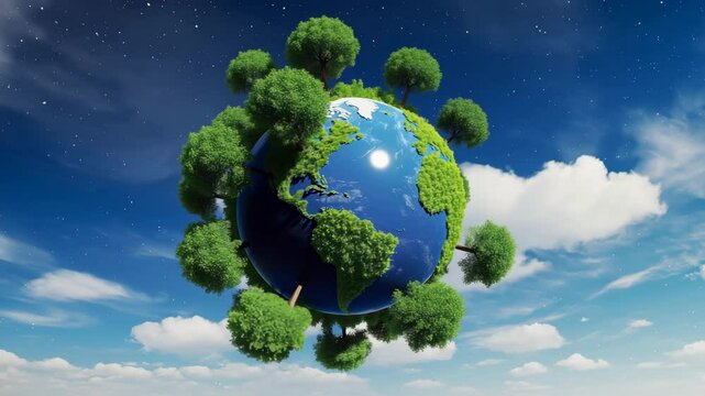 Green trees grow on 3d Earth rotating in blue sky with white clouds and stars