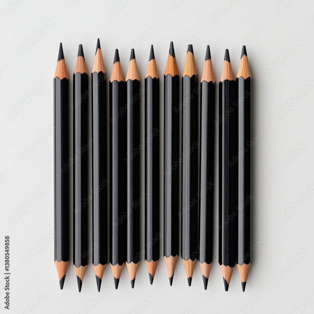 Poster uniform row of black pencils on artscale artistic display minimalist style studio setting top view