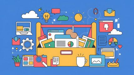 Productivity Tools: A digital toolkit filled with various software icons and apps, symbolizing productivity tools in business.	