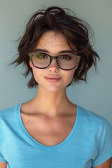 Fototapeta premium A young Caucasian woman with short hair and stylish glasses smiles softly against a pale blue background.