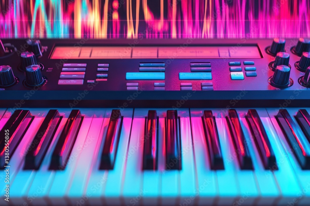 Aufkleber vibrant synthesizer keyboard with colorful neon waveforms in background