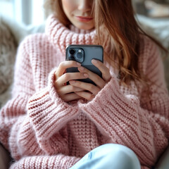 Fototapeta premium A young woman, with light brown hair, cozily wrapped in a pink knitted sweater, engrossed in her smartphone indoors.
