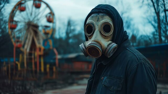 A Mysterious Figure Dressed in a Gas Mask Stands at an Abandoned Amusement Park Evoking Eerie Vibes