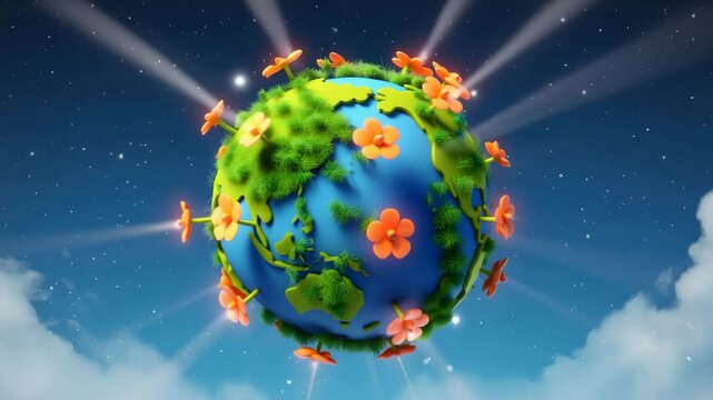 Cartoonish fantasy Earth outgrown with orange flowers shining and rotating in space