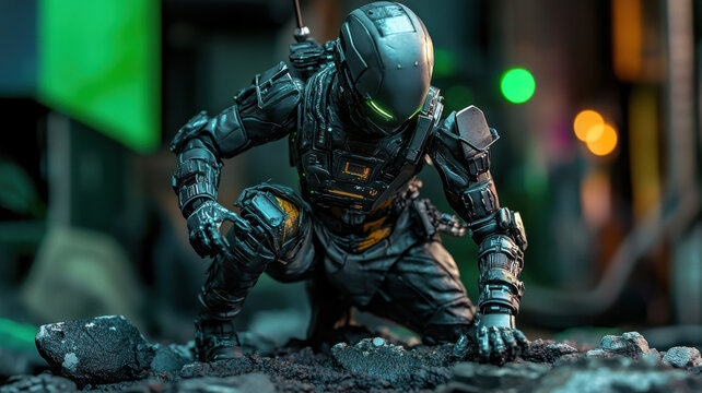 A cyberpunk rogue with enhanced limbs is portrayed in a crouched stance on a rocky urban platform, providing stability while resembling a dystopian alley.