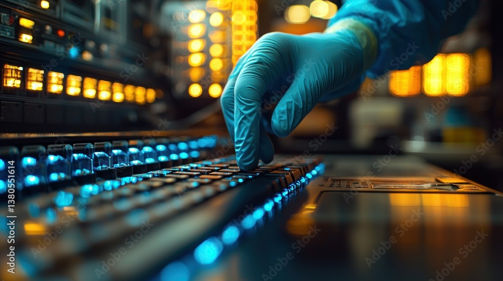 Poster gloved hand on illuminated keyboard in technological setting