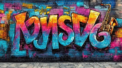 Vibrant Music Graffiti Art: Saxophone and Colorful Lettering on Brick Wall