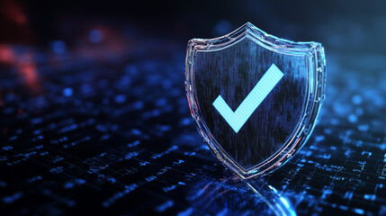 青い六角形背景と保護シールドアイコン｜サイバーセキュリティ・ヘルスケア向けデザイン