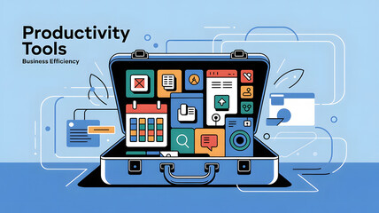 Productivity Tools: A digital toolkit filled with various software icons and apps, symbolizing productivity tools in business.	