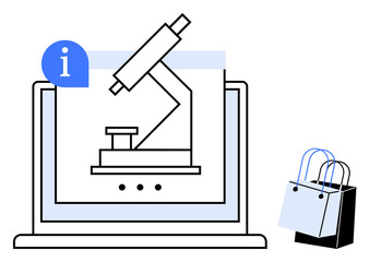 Laptop screen displays microscope illustration with information icon. Shopping bags beside laptop. Ideal for online education, e-commerce, scientific research, digital learning, virtual labs, online