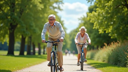 Active Senior Couple Enjoying Cycling in a Green Park on a Sunny Day, Healthy Lifestyle and Retirement Freedom
晴れた日に緑豊かな公園でサイクリングを楽しむアクティブなシニア夫婦、健康的なライフスタイルと悠々自適な老後の自由