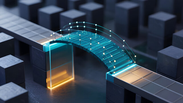 Change Management: A digital bridge being constructed over a gap, symbolizing the transition and adaptation in organizational change management.	
